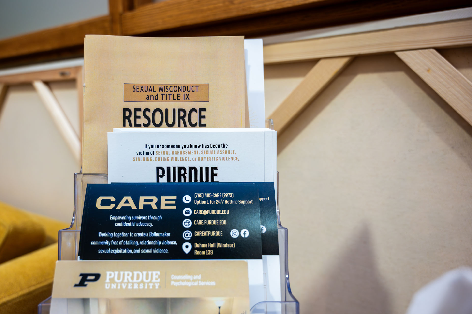 Variety of pamphlet within an office showing helpful information.